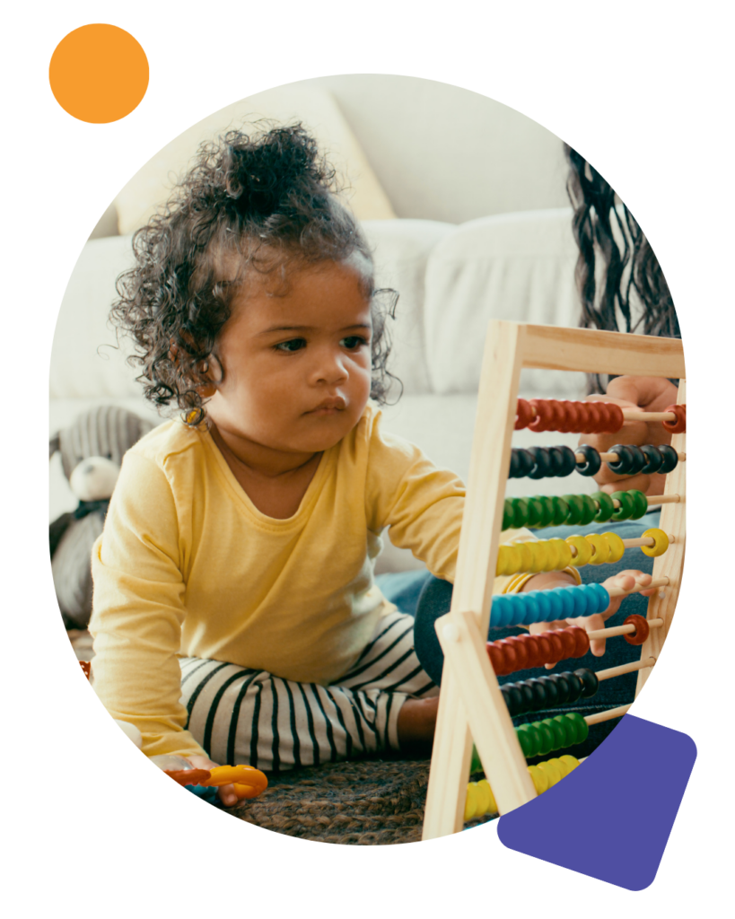 Mother and baby playing with toys on the living room floor for child development, bonding and learning. Childcare, woman and girl child with a abacus for education in the lounge of their family home.