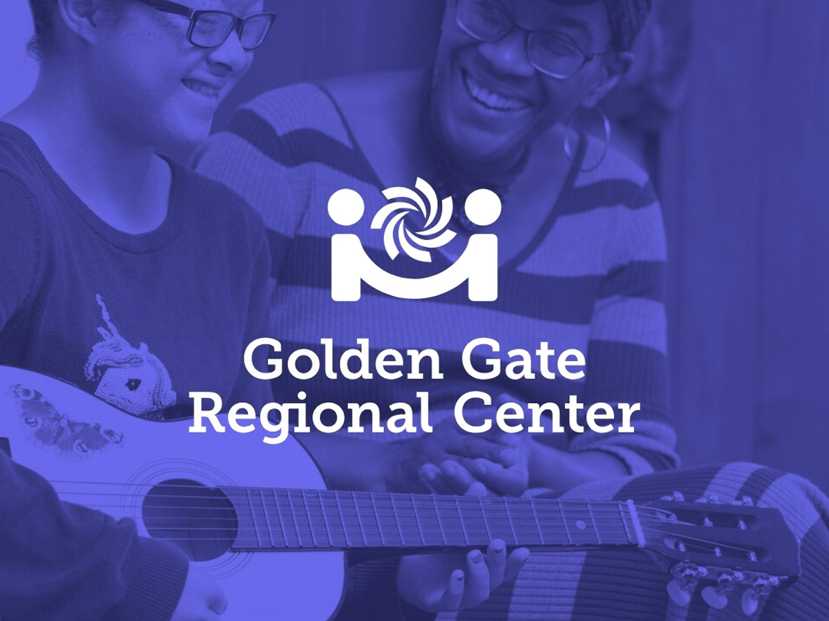 White GGRC logo on a purple opaque background showing a picture of a teenage girl with Down syndrome sits on her bed holding a guitar with her instructor smiling at her progress.